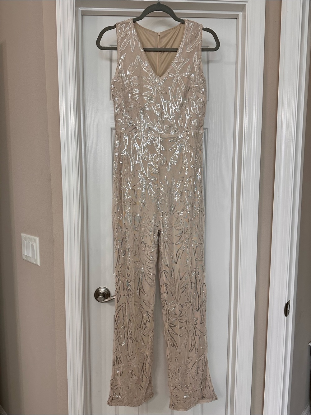 Sleeveless Sequin-Embellished Jumpsuit in Nude